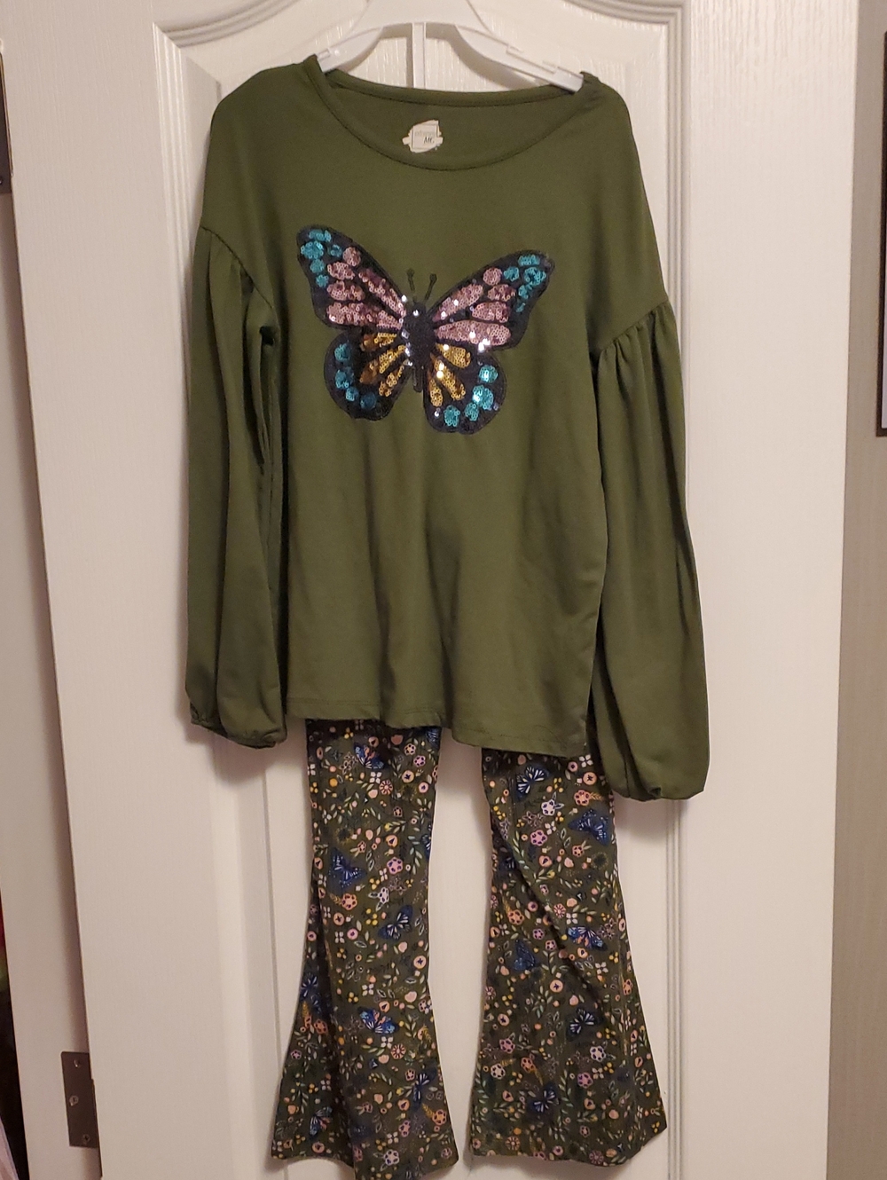 Olive Green Butterfly Sequin Top with Floral Flared Pants